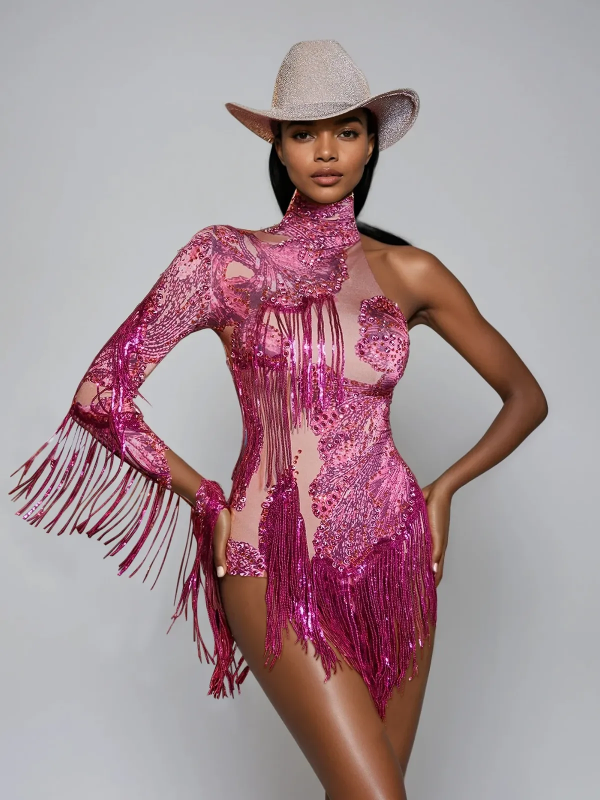 Shatora One Shoulder Rhinestone Fringe Bodysuit In Hot Pink sold by Mew Mews
