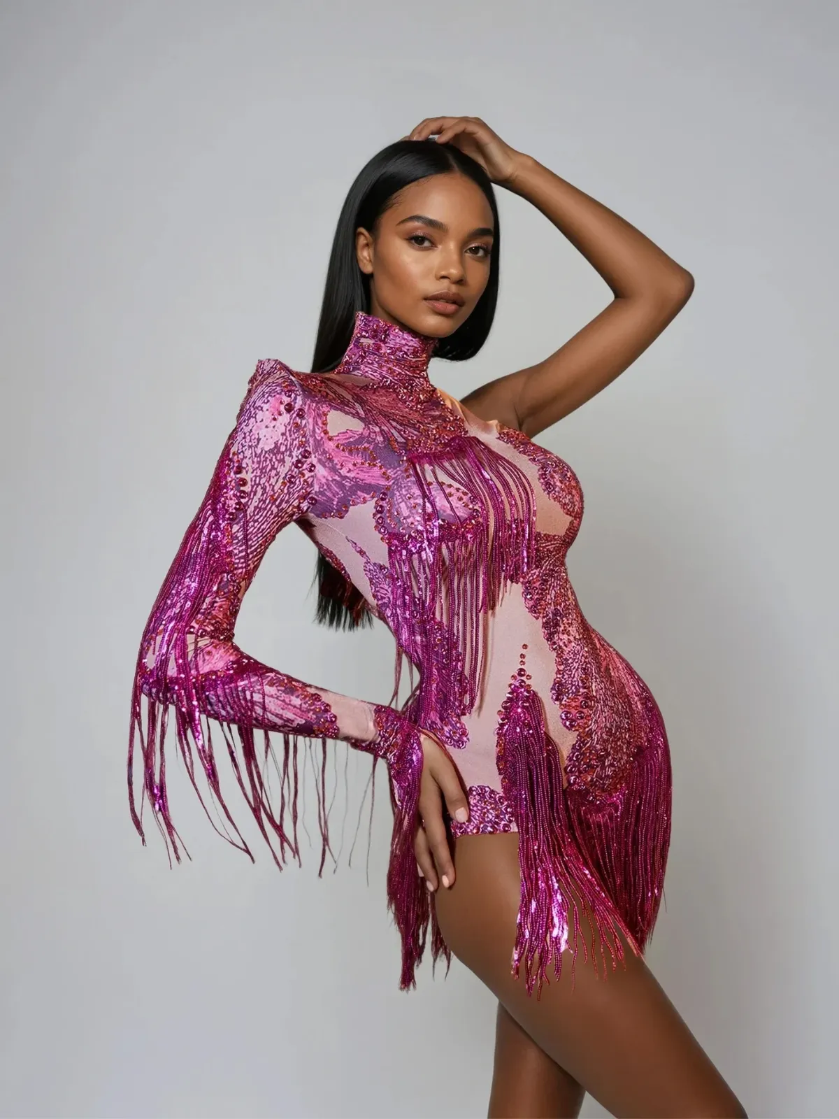 Shatora One Shoulder Rhinestone Fringe Bodysuit In Hot Pink sold by Mew Mews product image thumbnail 2