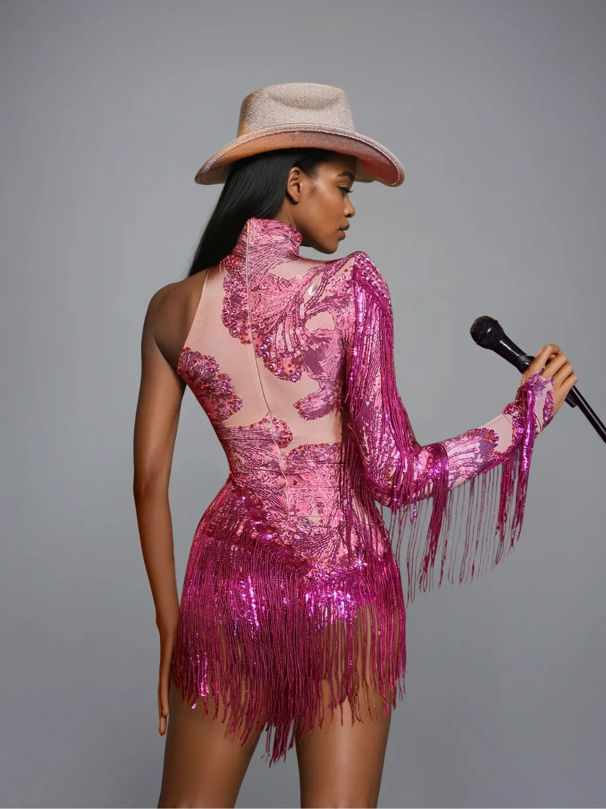 Shatora One Shoulder Rhinestone Fringe Bodysuit In Hot Pink sold by Mew Mews product image thumbnail 3