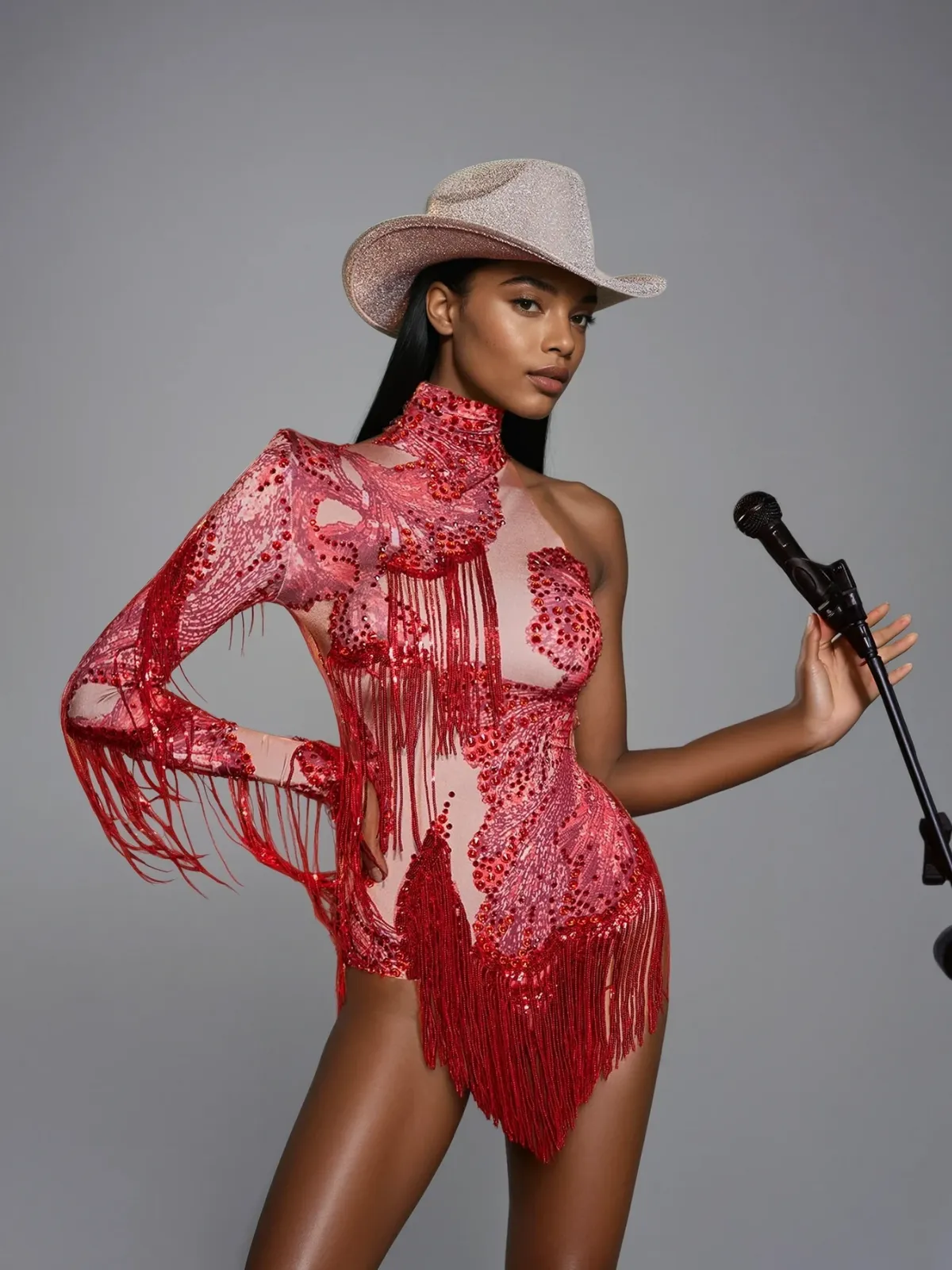 Shatora One Shoulder Rhinestone Fringe Bodysuit In Red sold by Mew Mews product image thumbnail 4