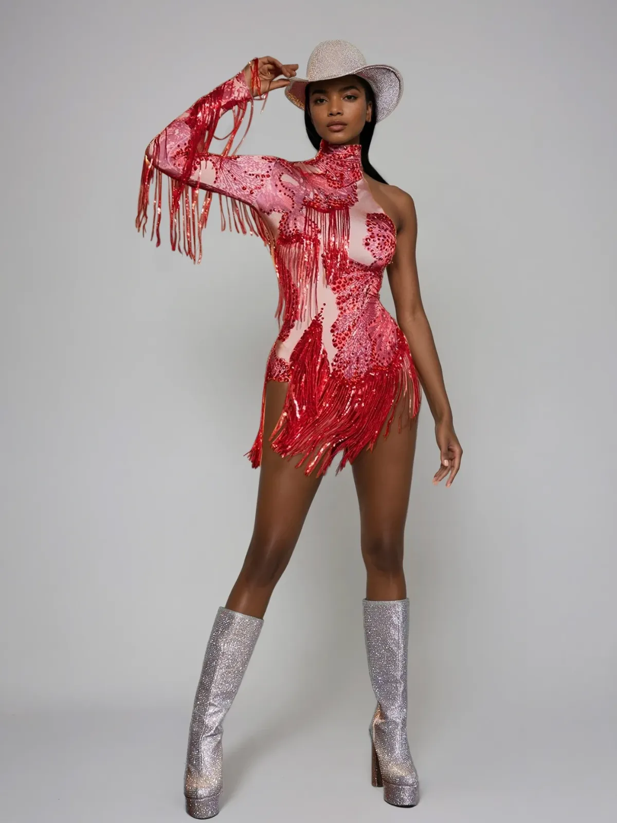 Shatora One Shoulder Rhinestone Fringe Bodysuit In Red sold by Mew Mews product image thumbnail 2