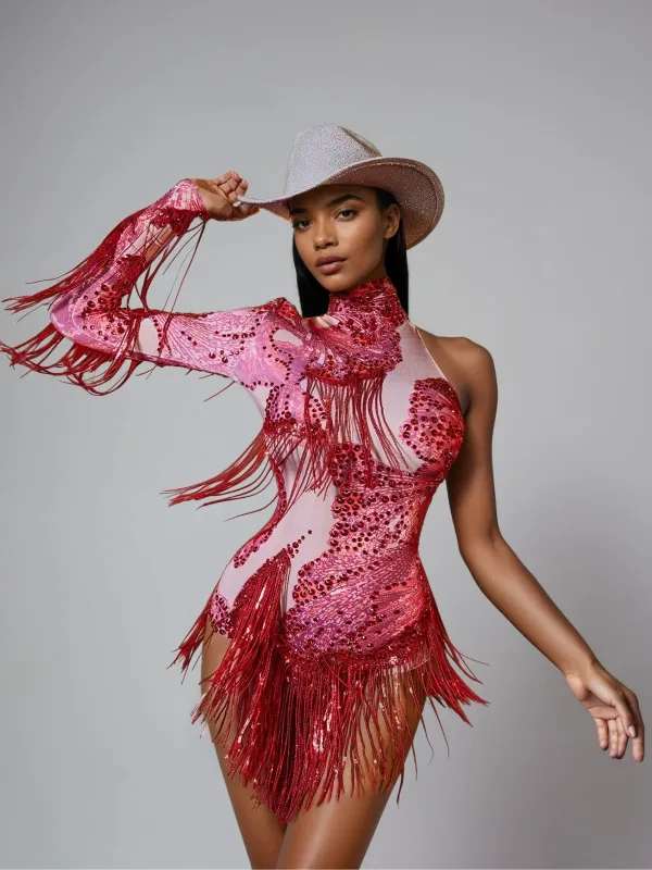 Shatora One Shoulder Rhinestone Fringe Bodysuit In Red sold by Mew Mews