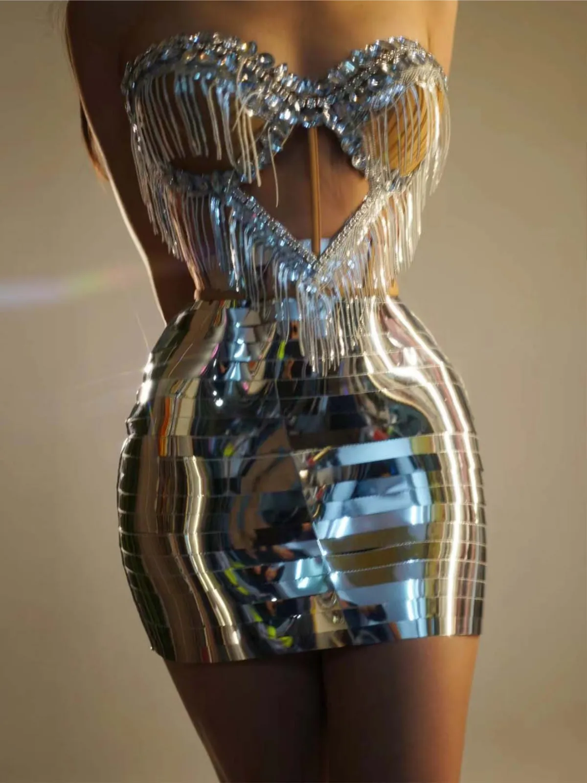 Osorio Rhinestone Fringe Metallic Skirt Set In Silver sold by Mew Mews product image thumbnail 2