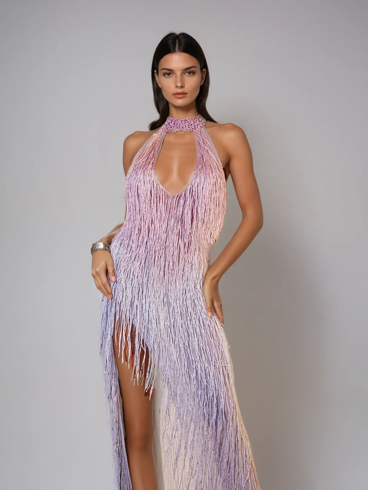 Elvrik Halterneck Fringe Cutout Split Maxi Dress In Blush sold by Mew Mews product image thumbnail 2