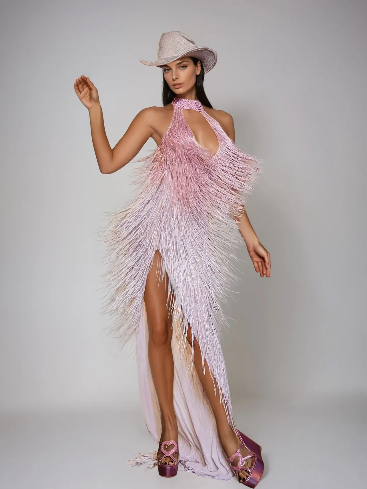 Elvrik Halterneck Fringe Cutout Split Maxi Dress In Blush sold by Mew Mews product image thumbnail 3