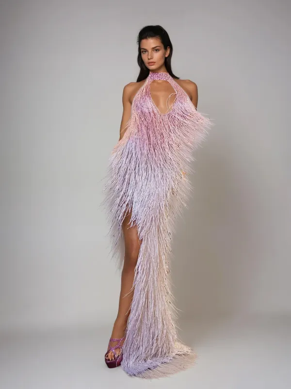 Elvrik Halterneck Fringe Cutout Split Maxi Dress In Blush sold by Mew Mews