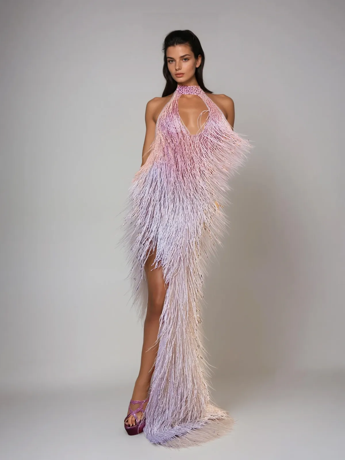 Elvrik Halterneck Fringe Cutout Split Maxi Dress In Blush sold by Mew Mews