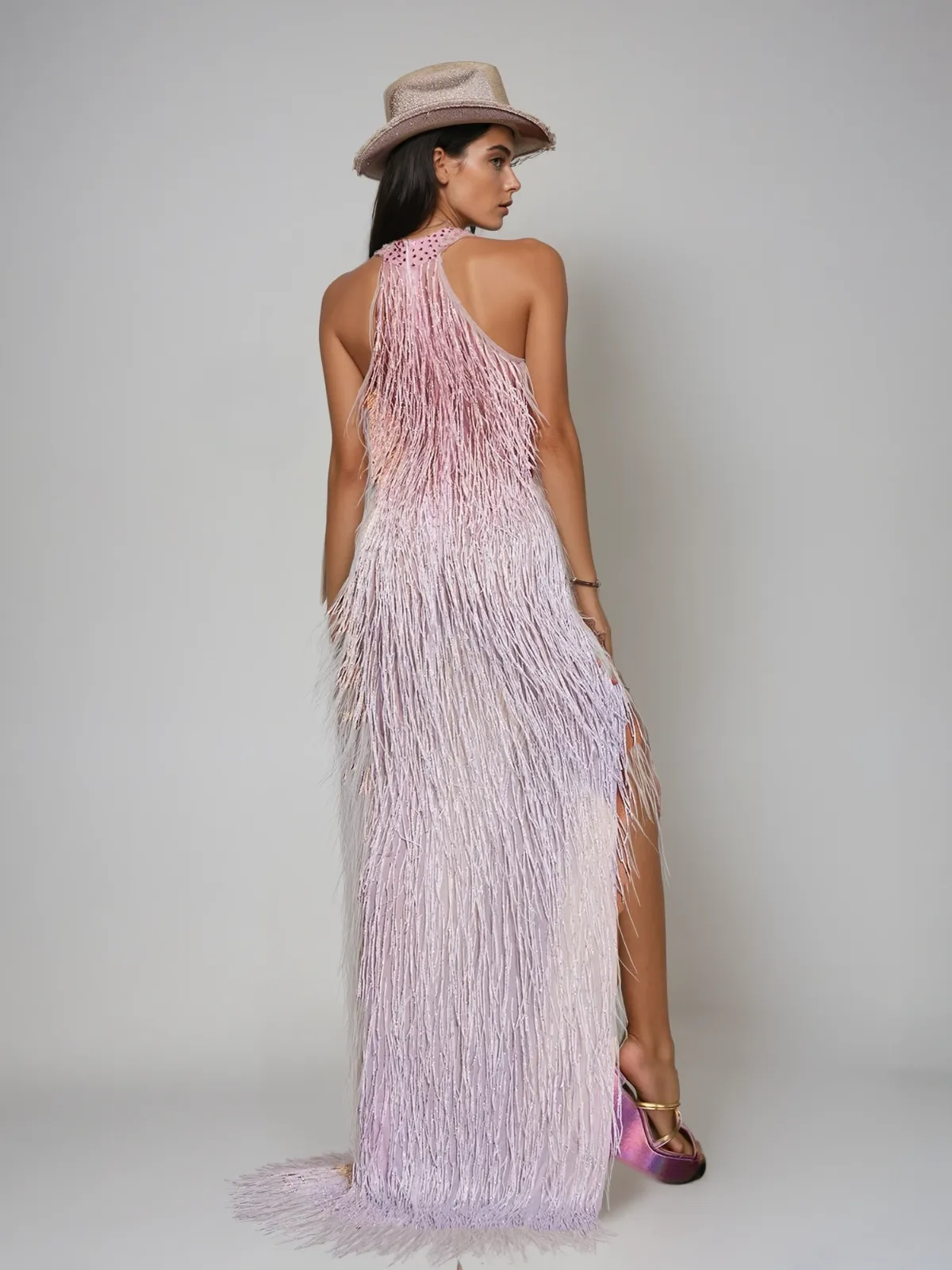 Elvrik Halterneck Fringe Cutout Split Maxi Dress In Blush sold by Mew Mews product image thumbnail 4