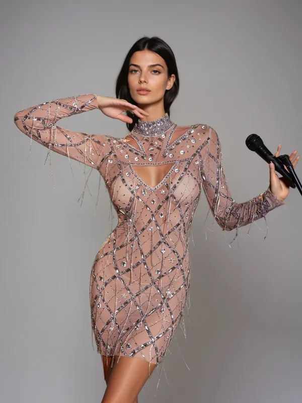 Lyrix Crystal Fringe Mesh Mini Dress sold by Mew Mews