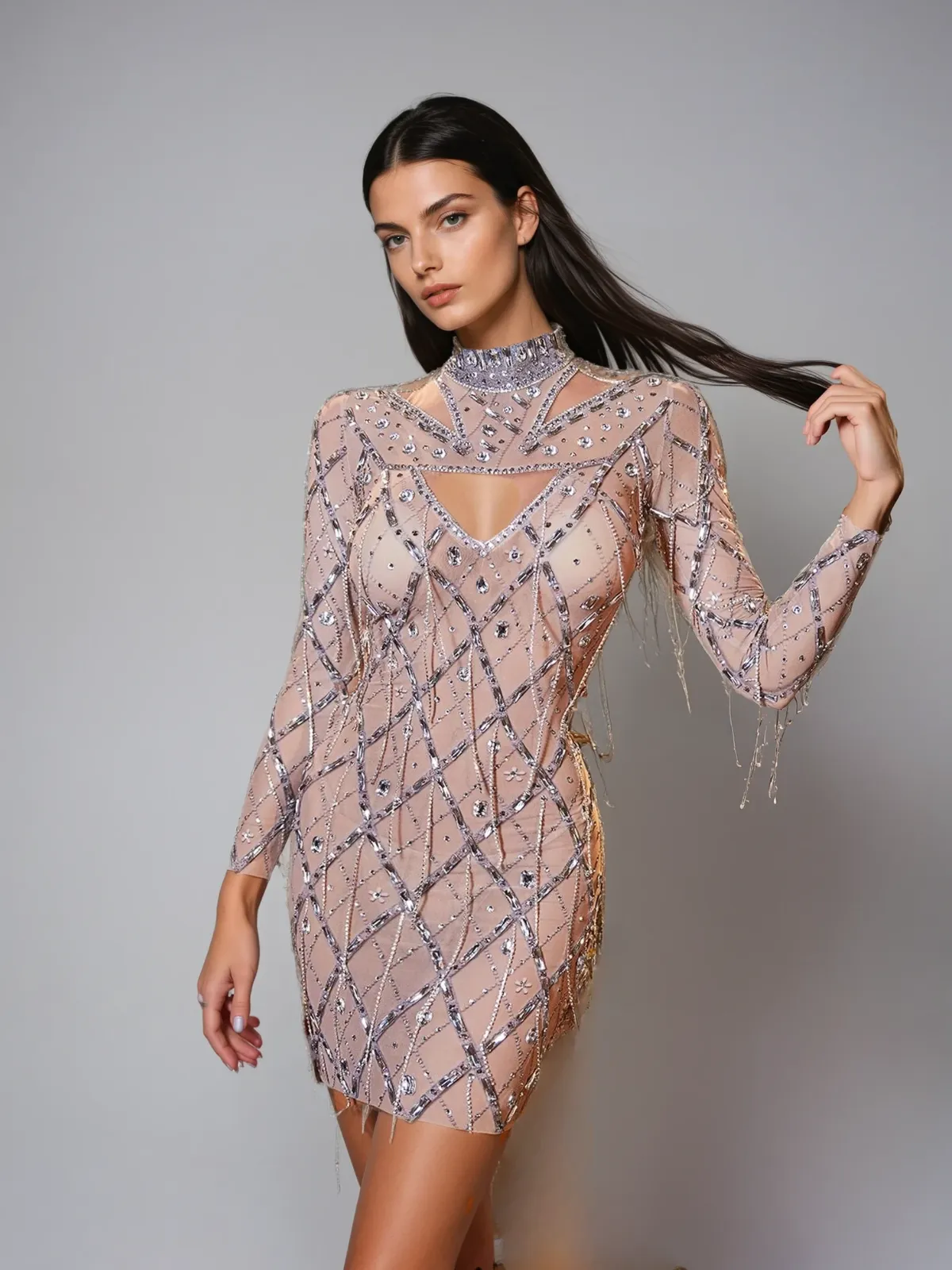 Lyrix Crystal Fringe Mesh Mini Dress sold by Mew Mews product image thumbnail 2