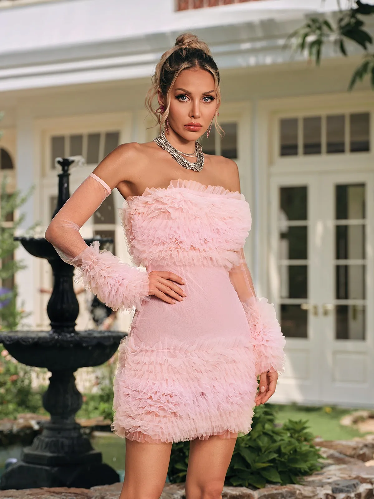 Cyrthia Strapless Ruched Mesh Mini Dress sold by Mew Mews product image thumbnail 2