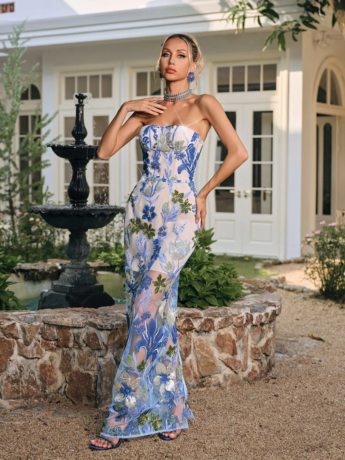 Nakoa Strapless Sequin Embroidered Maxi Dress In Blue sold by Mew Mews product image thumbnail 5