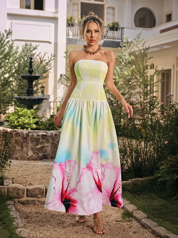 Rhodey Strapless Floral Pleated Maxi Dress sold by Mew Mews