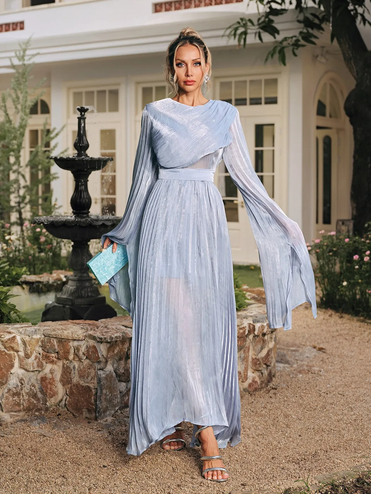 Rhory Long Sleeve Pleated Dress In Blue sold by Mew Mews product image thumbnail 2
