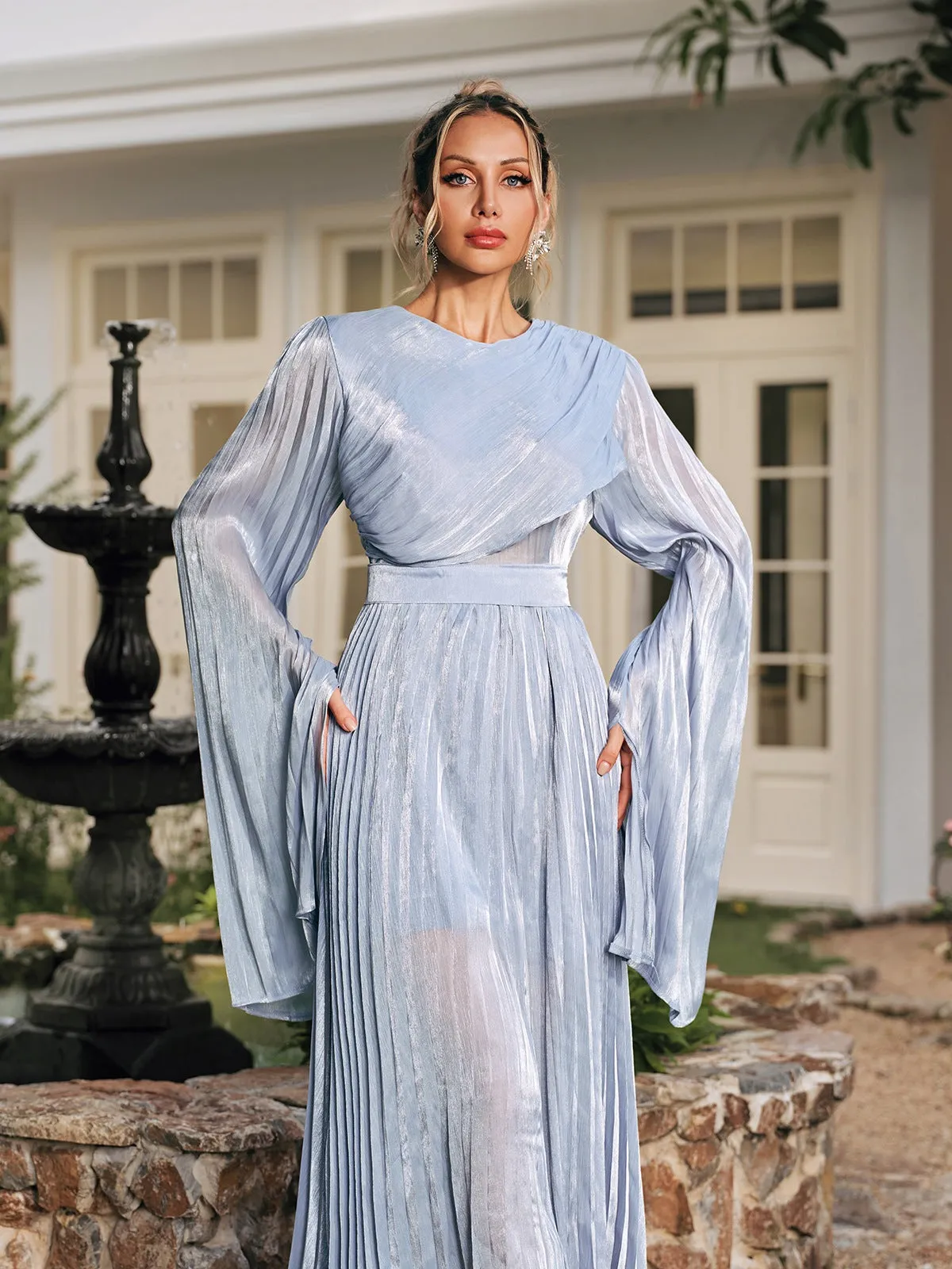Rhory Long Sleeve Pleated Dress In Blue sold by Mew Mews
