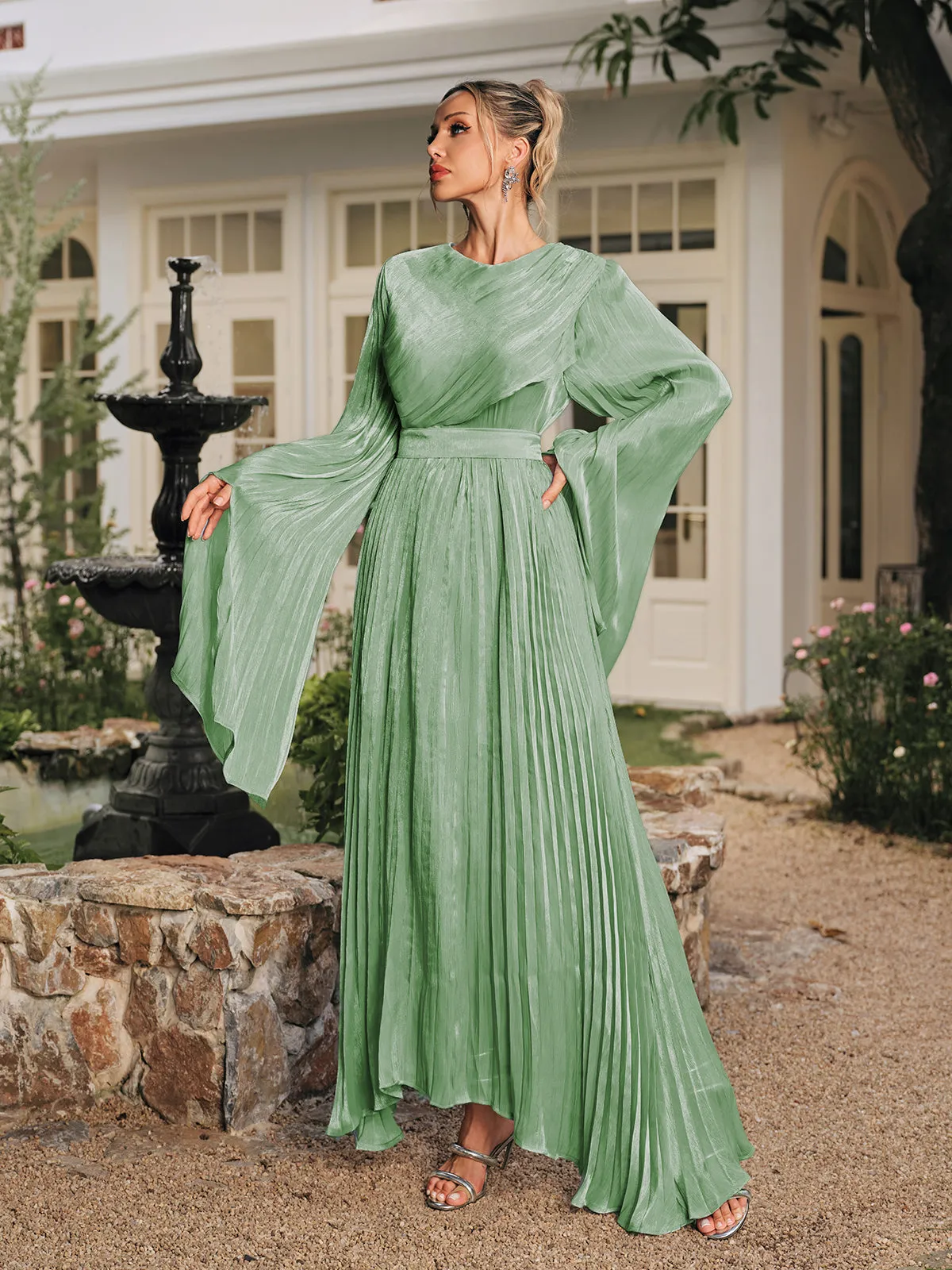 Rhory Long Sleeve Pleated Dress In Green sold by Mew Mews product image thumbnail 2
