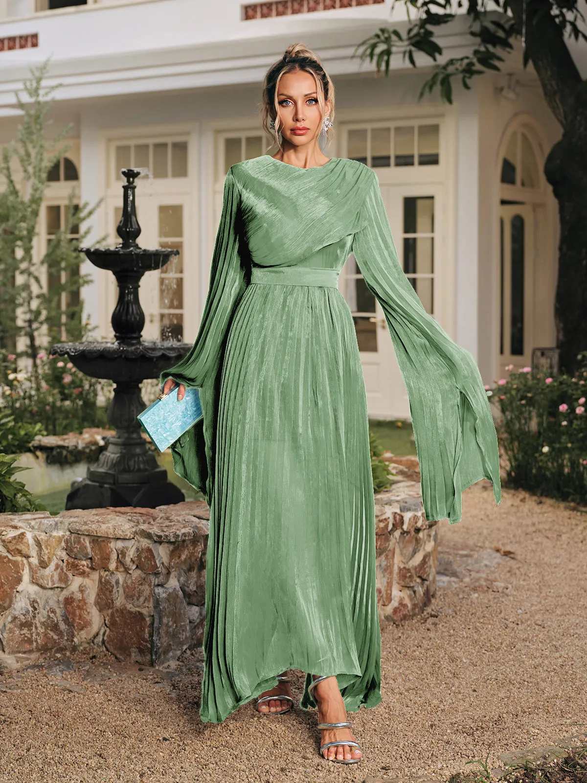 Rhory Long Sleeve Pleated Dress In Green sold by Mew Mews product image thumbnail 5