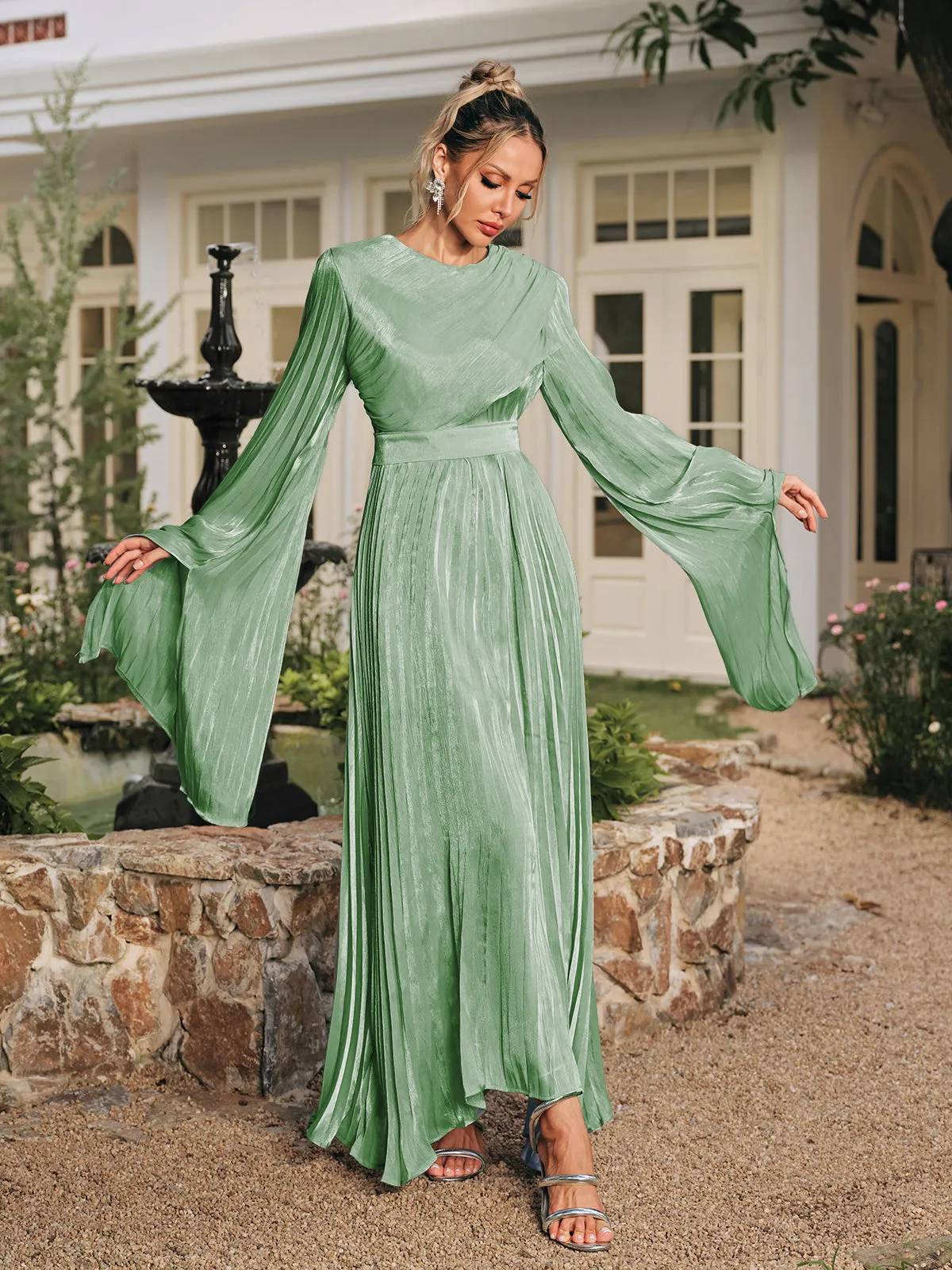 Rhory Long Sleeve Pleated Dress In Green sold by Mew Mews product image thumbnail 4