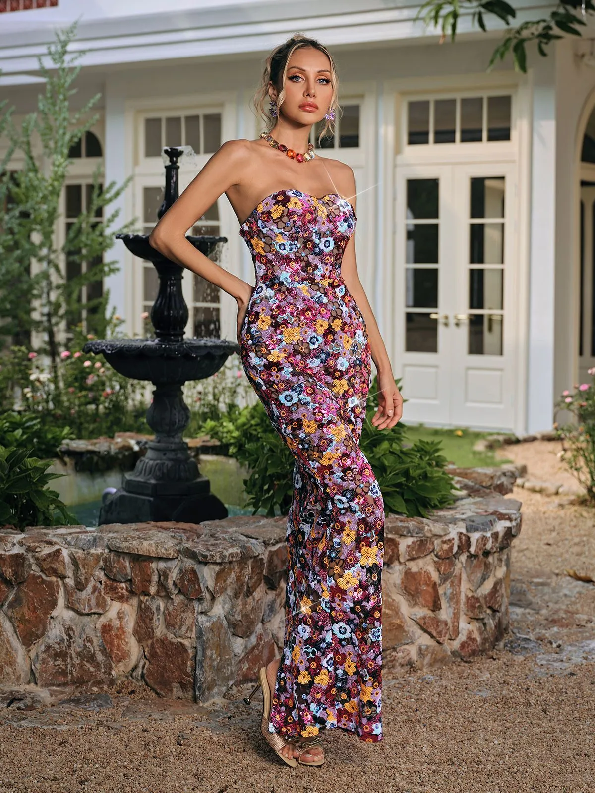 Caldrek Strapless Flower Sequin Maxi Dress sold by Mew Mews product image thumbnail 3