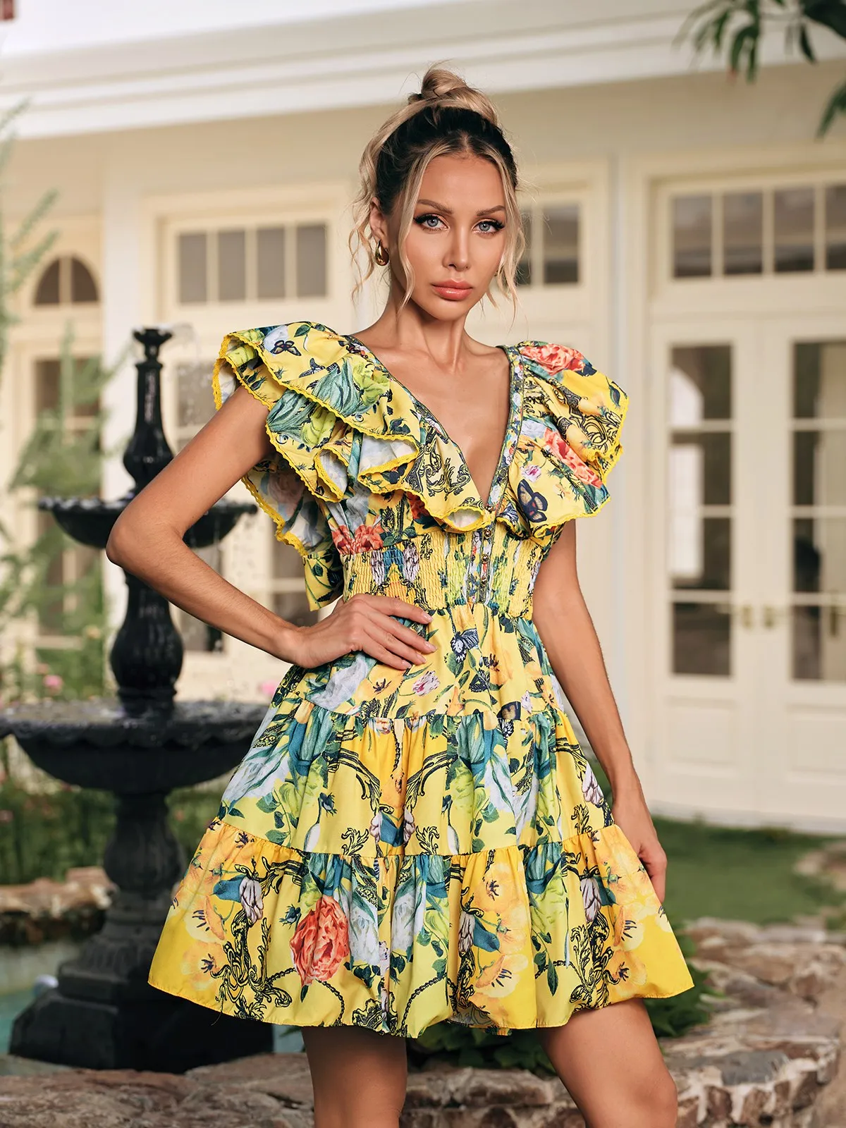 Dryon V Neck Ruffle Printed Mini Dress sold by Mew Mews product image thumbnail 4