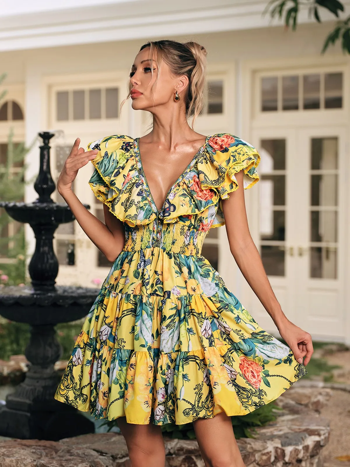 Dryon V Neck Ruffle Printed Mini Dress sold by Mew Mews product image thumbnail 5