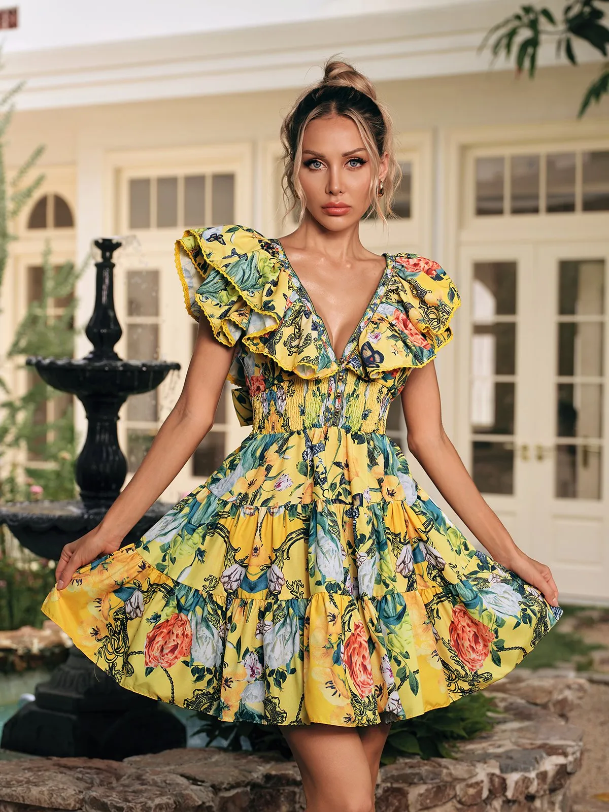 Dryon V Neck Ruffle Printed Mini Dress sold by Mew Mews