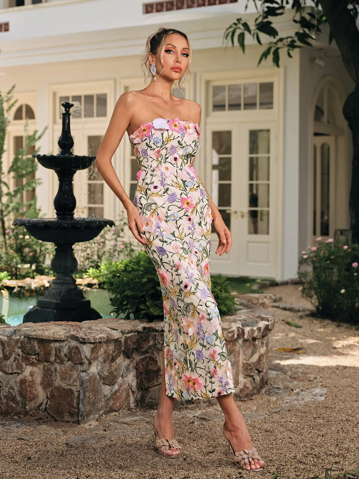 Daelyr Strapless Flower Embroidered Midi Dress sold by Mew Mews product image thumbnail 3