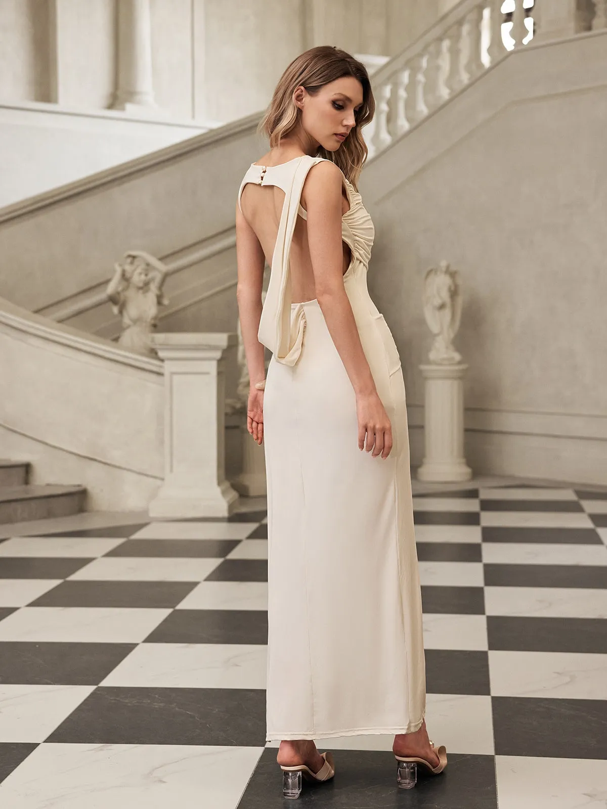 Fyrene Backless Ruched Split Maxi Dress sold by Mew Mews product image thumbnail 2