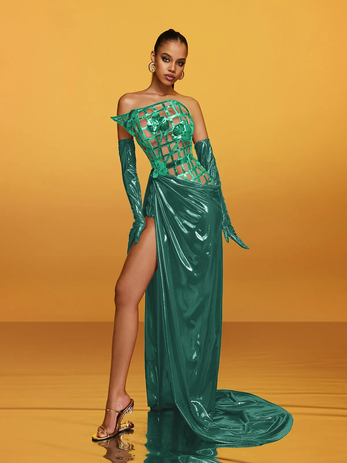 Aethon Strapless Metallic Flower Maxi Dress In Green sold by Mew Mews product image thumbnail 4