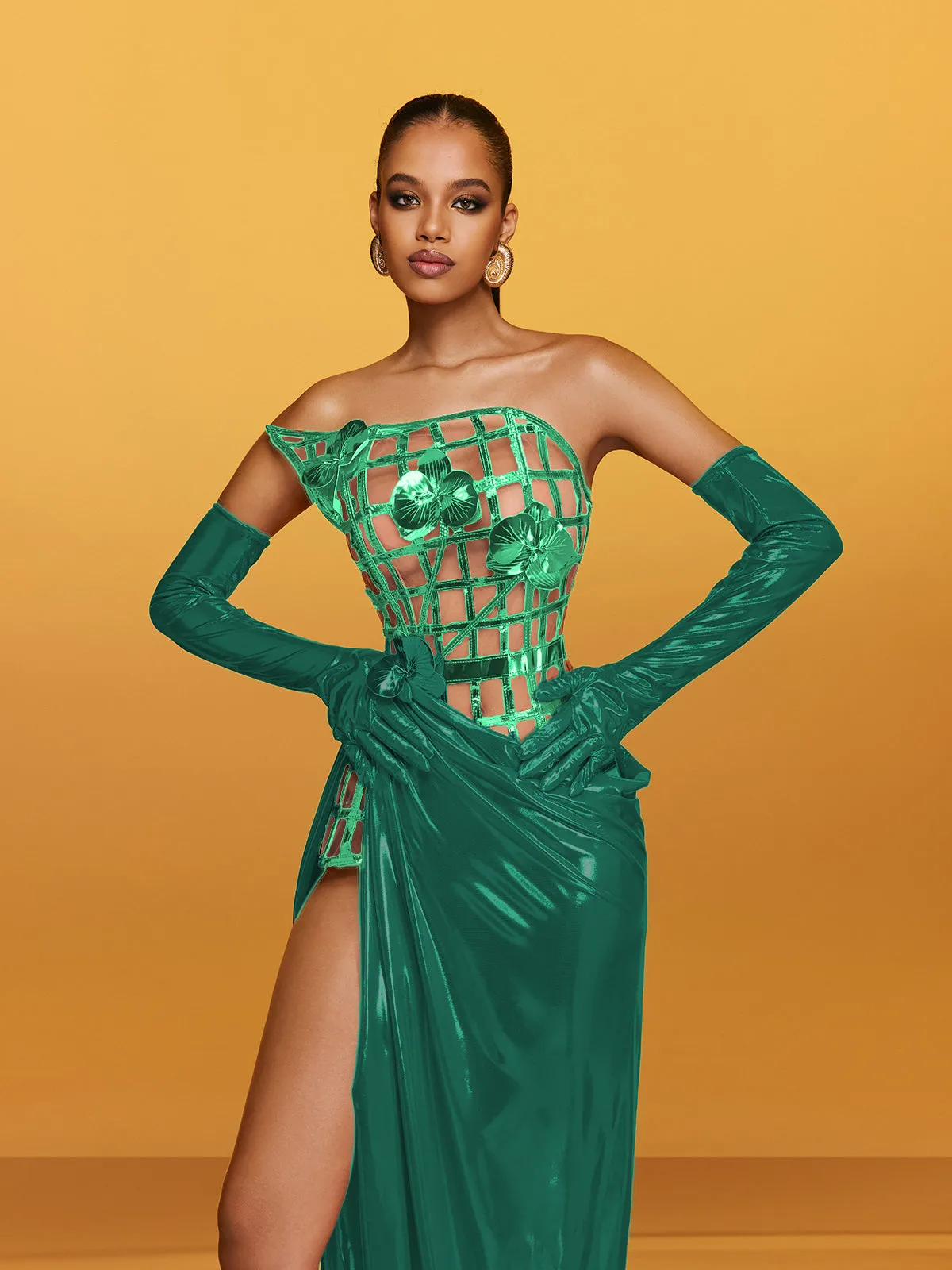 Aethon Strapless Metallic Flower Maxi Dress In Green sold by Mew Mews product image thumbnail 2