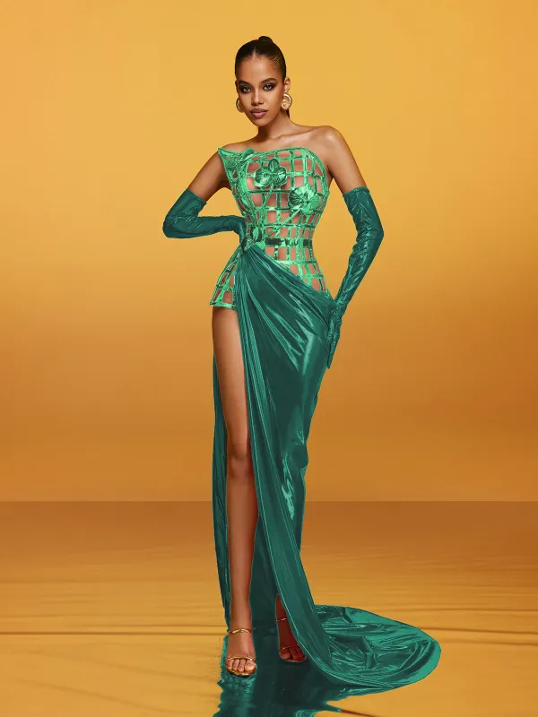 Aethon Strapless Metallic Flower Maxi Dress In Green sold by Mew Mews