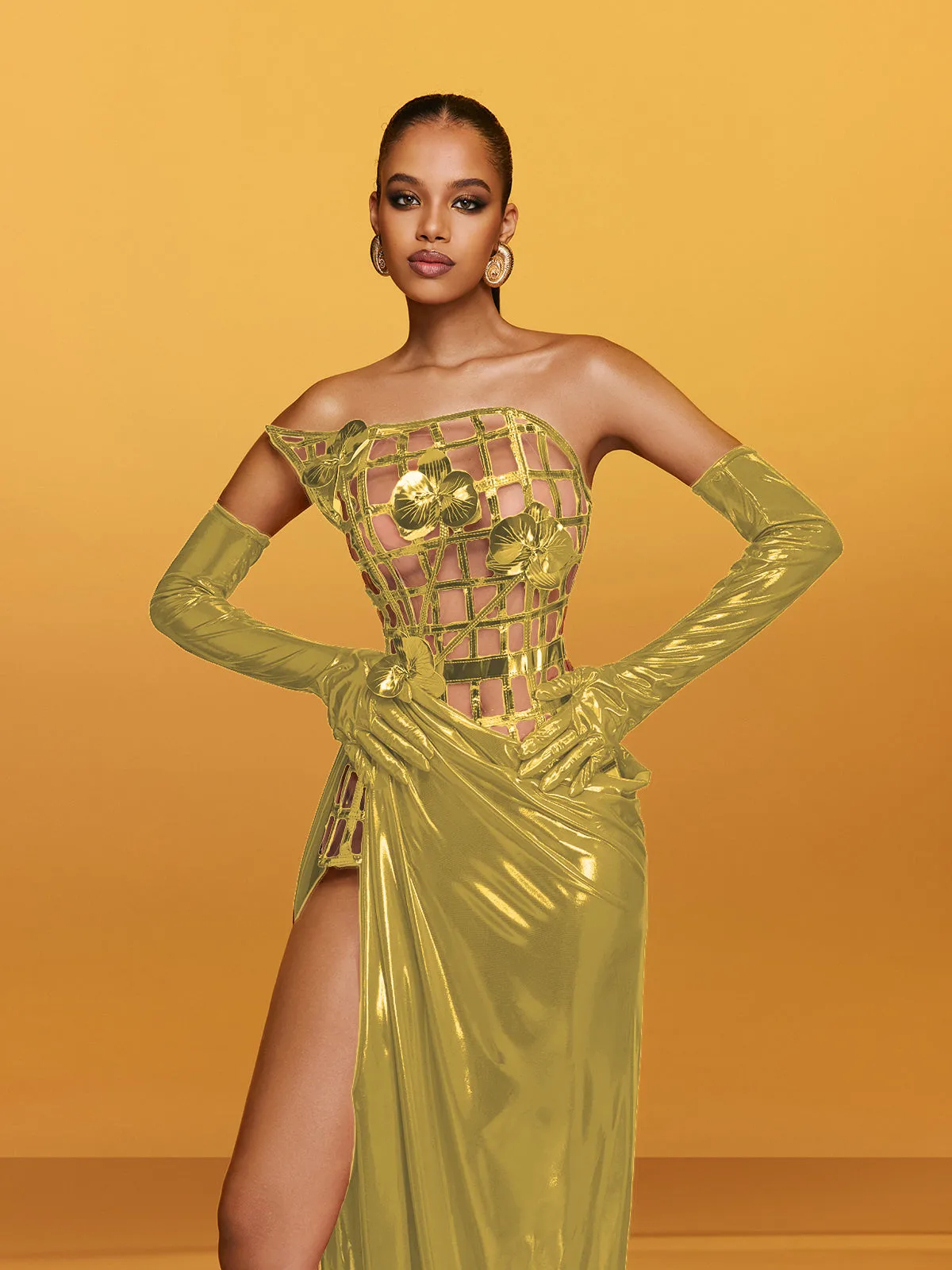 Aethon Strapless Metallic Flower Maxi Dress In Gold sold by Mew Mews product image thumbnail 5