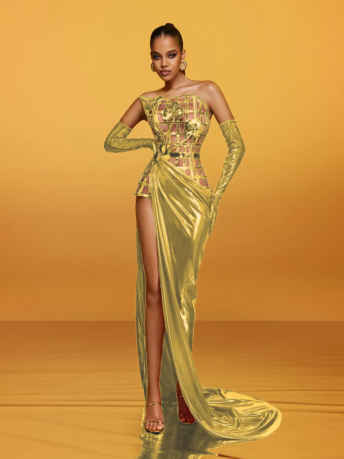 Aethon Strapless Metallic Flower Maxi Dress In Gold sold by Mew Mews product image thumbnail 4