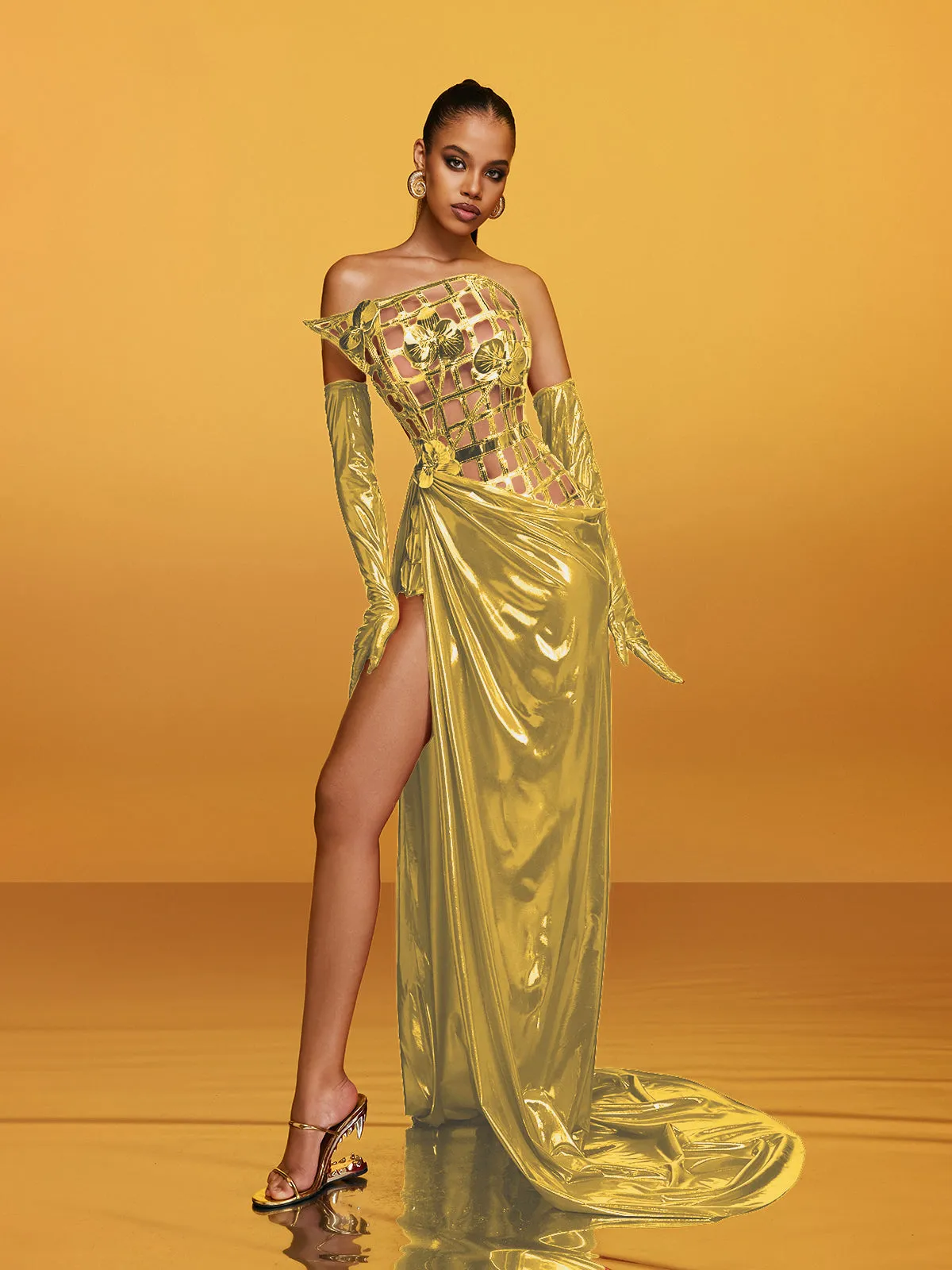 Aethon Strapless Metallic Flower Maxi Dress In Gold sold by Mew Mews product image thumbnail 2