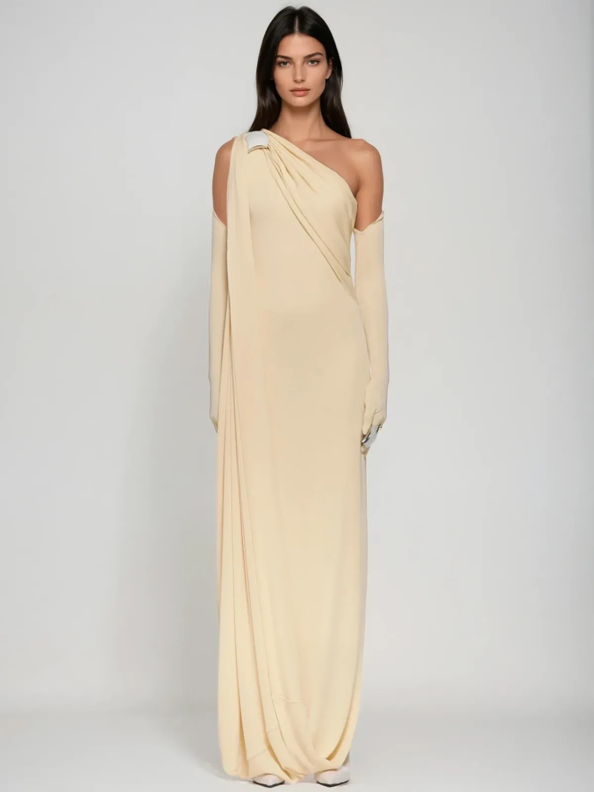Jehiel One Shoulder Draped Maxi Dress In Butter Yellow sold by Mew Mews