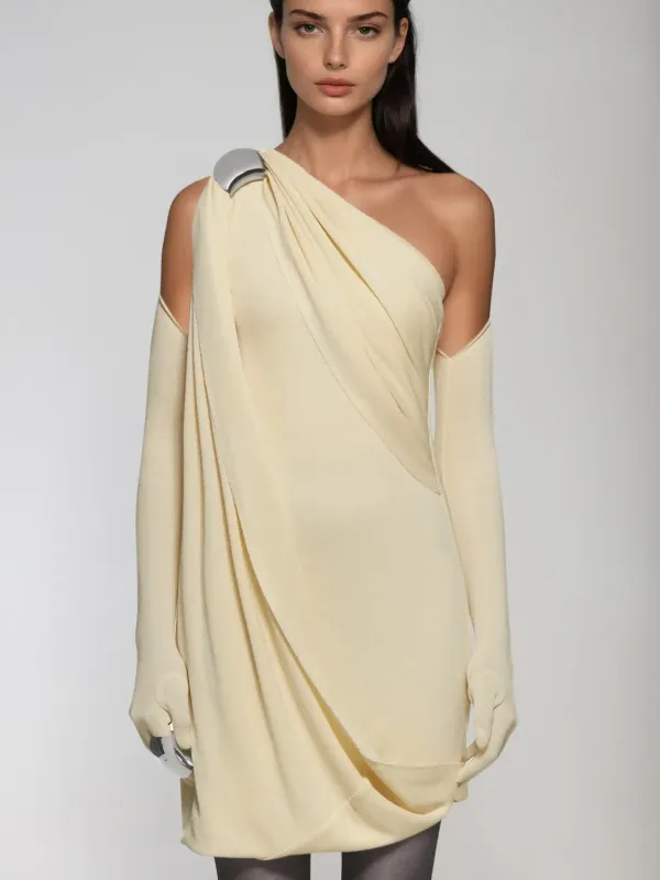 Jehiel One Shoulder Draped Mini Dress In Butter Yellow sold by Mew Mews