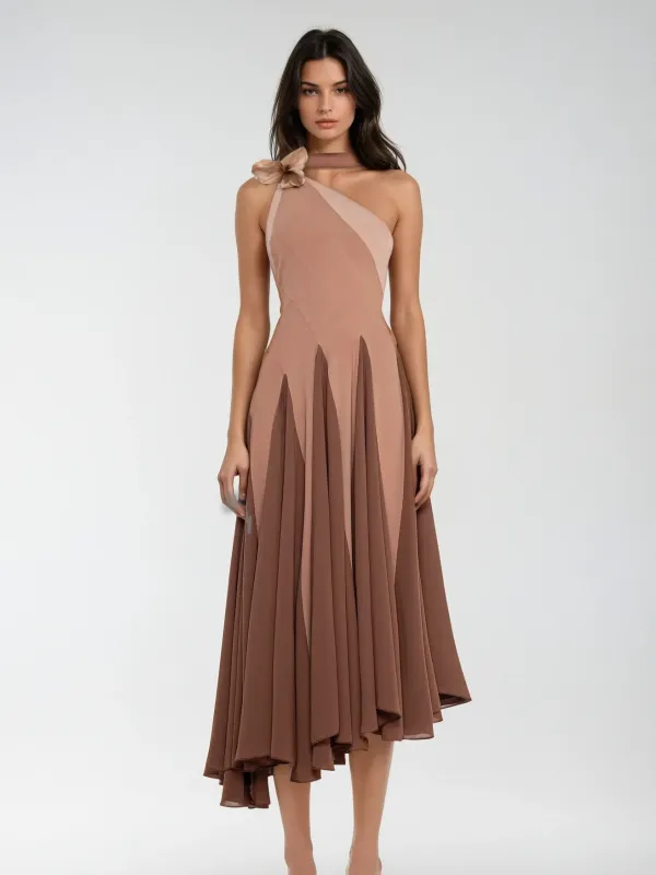 Jarom One Shoulder Flower Scarf Midi Dress sold by Mew Mews