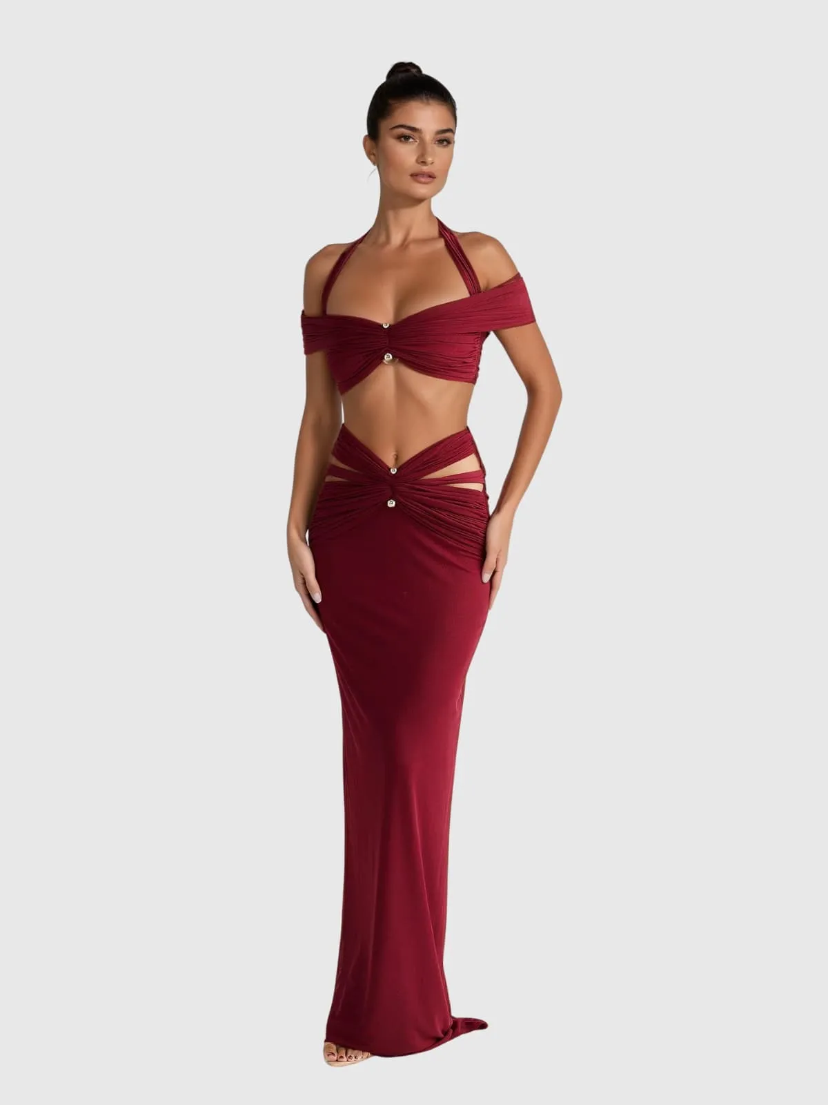 Paelyth Off Shoulder Cutout Ruched Skirt Set sold by Mew Mews