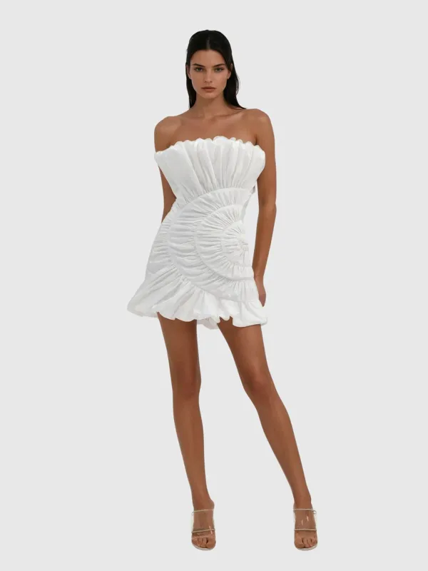 Kaldrek Strapless Ruched Ruffle Mini Dress In White sold by Mew Mews