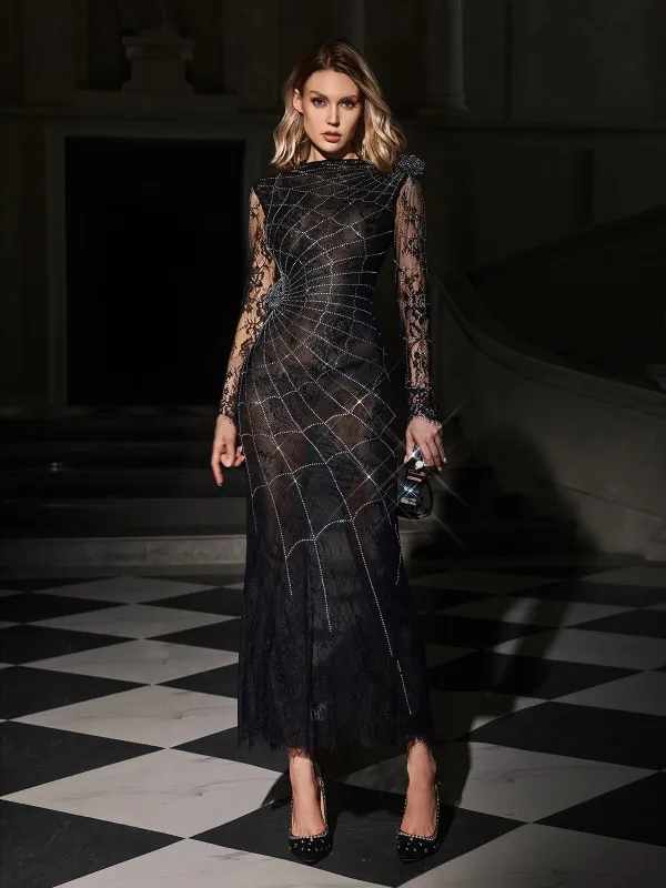 Pexmir Rhinestone Cobweb Split Maxi Dress sold by Mew Mews