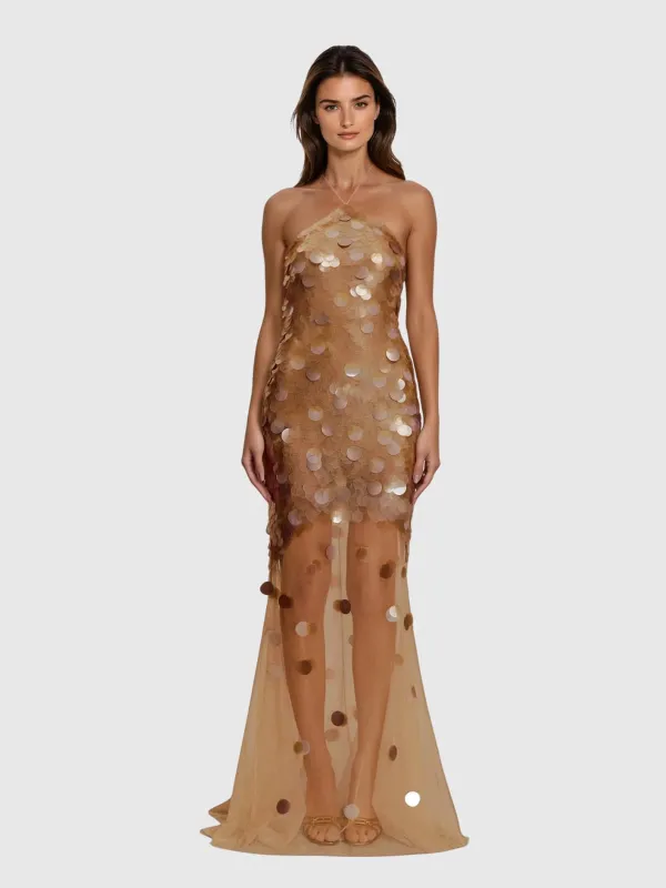 Kadri Halterneck Sequin Mesh Maxi Dress sold by Mew Mews