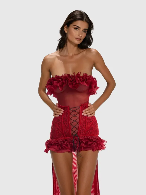 Kacia Strapless Ruffle Mesh Maxi Dress sold by Mew Mews