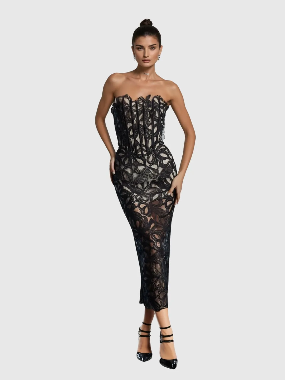 Kabibe Strapless Flower Embroidered Midi Dress sold by Mew Mews product image thumbnail 2