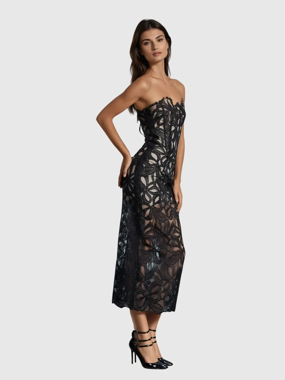 Kabibe Strapless Flower Embroidered Midi Dress sold by Mew Mews product image thumbnail 3