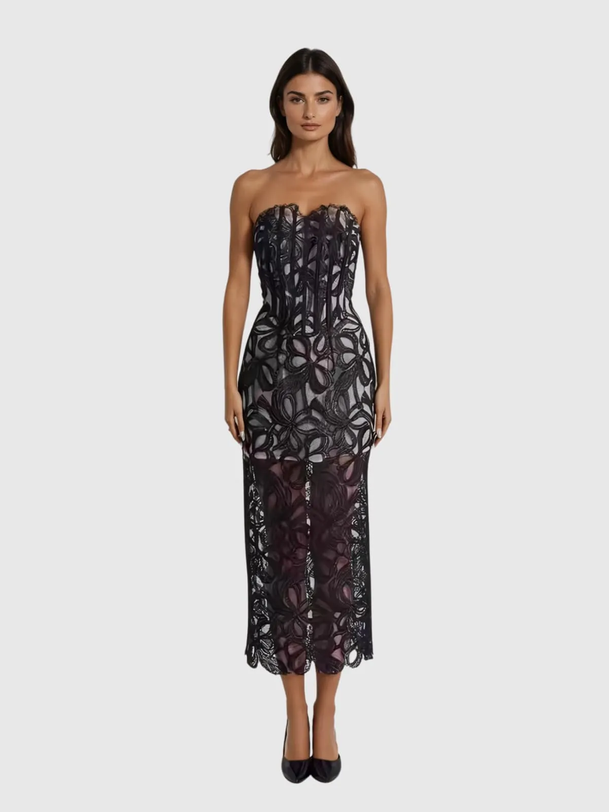 Kabibe Strapless Flower Embroidered Midi Dress sold by Mew Mews
