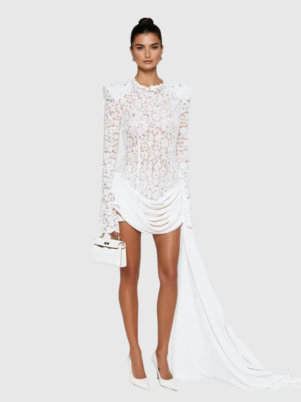 Kaatib Long Sleeve Lace Draped Mini Dress sold by Mew Mews