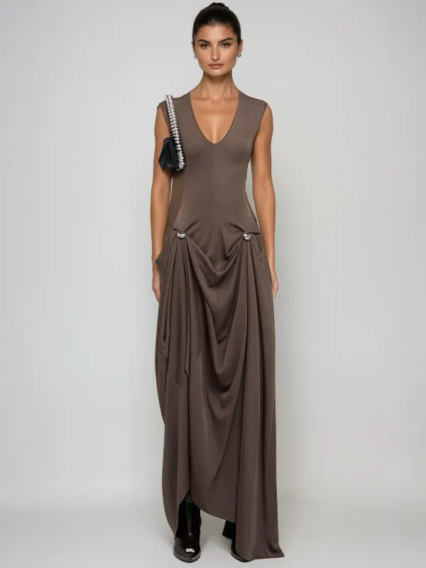 Paldor V Neck Ruched Maxi Dress In Brown sold by Mew Mews