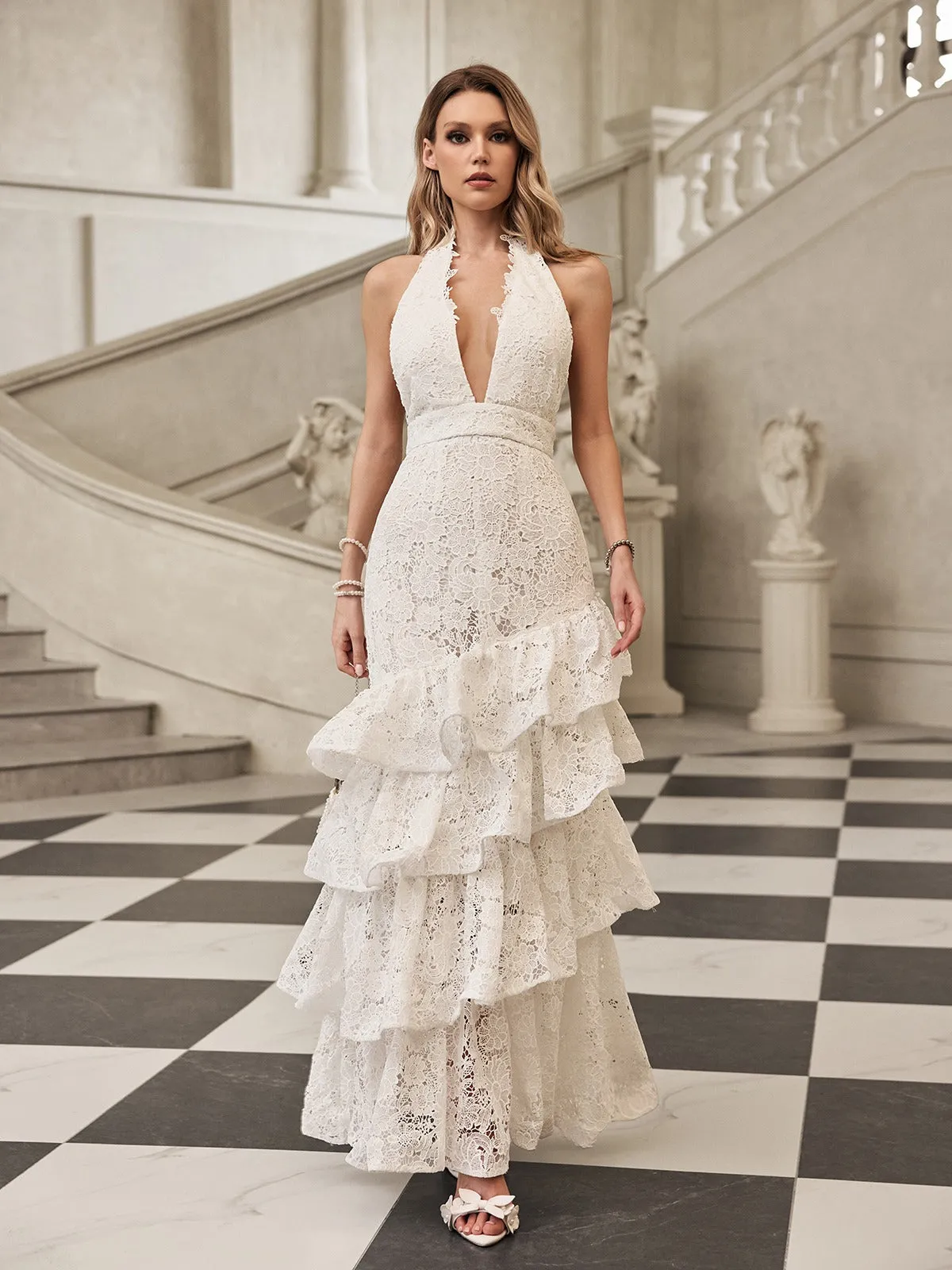 Fyrixel Halterneck Ruffle Tiered Maxi Dress sold by Mew Mews