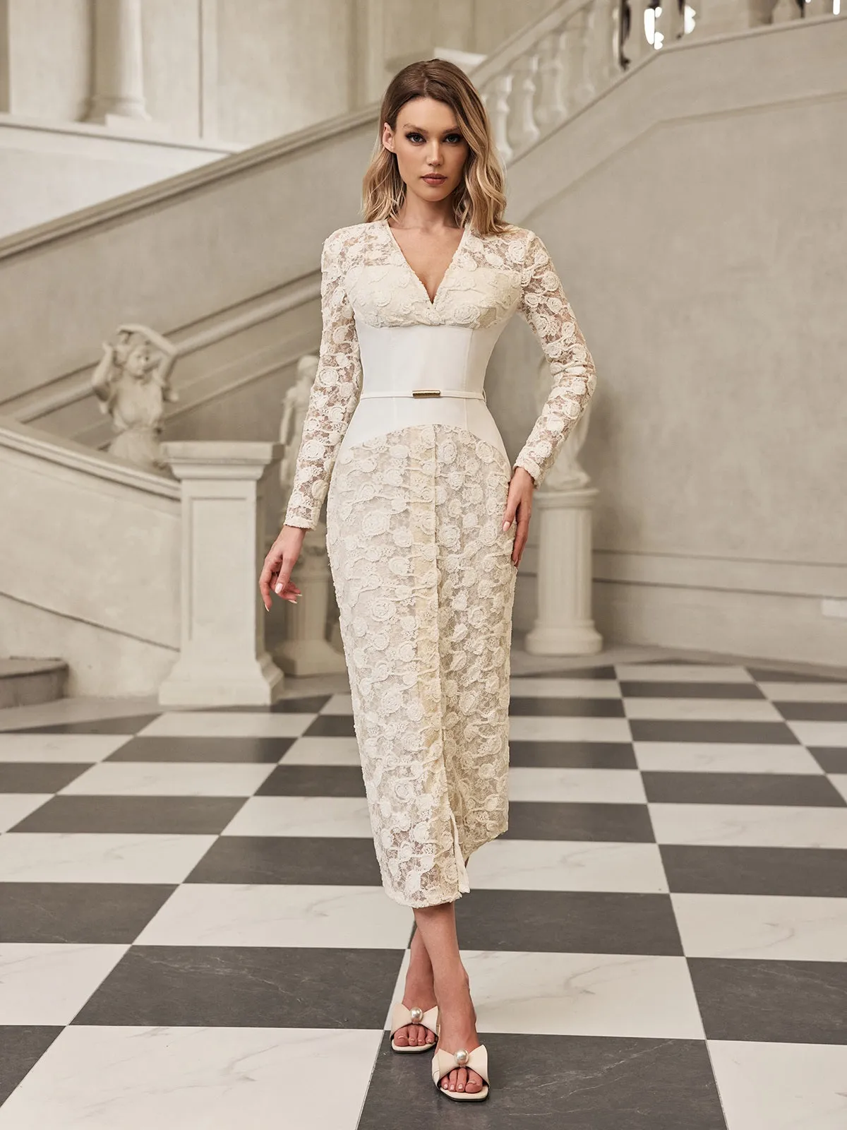 Gryia V Neck Lace Midi Dress sold by Mew Mews