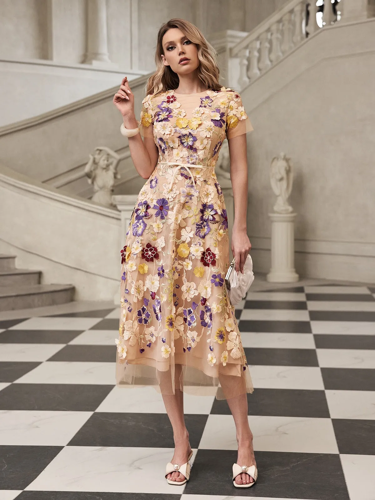 Geyra Short Sleeve Flower Embroidered Midi Dress sold by Mew Mews product image thumbnail 4